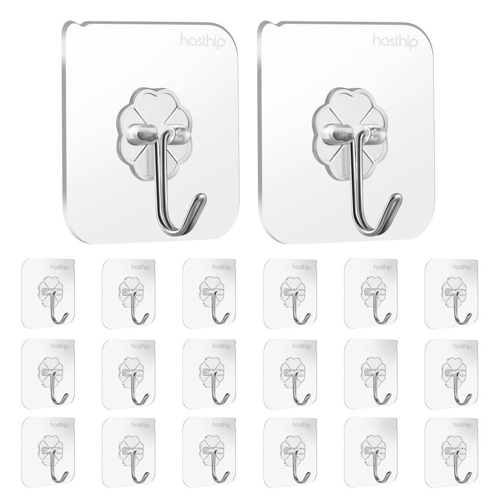 HASTHIP 20pcs Heavy Duty Self Adhesive Hooks, Transparent Wall Hooks for Bathroom Shower Door Kitchen Outdoor Home Improvement Utility Hook for wall without drilling HASTHIP 20pcs Heavy Duty Self Adhesive Hooks, Transparent Wall Hooks for Bathroom Shower Door Kitchen Outdoor Home Improvement Utility Hook for wall without drilling